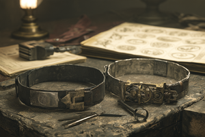 Two neck rings on a workbench, one plain iron and one worked silver, each with an engraved emblem plate at the front and a small brass clockwork clasp at the back, beside a maker's tools and a pattern ledger.