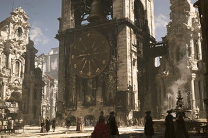 A tall stone clock tower over a city square, its brass dial marked in sixteen hours rather than twelve, with the clockwork visible through glass panels and a bronze bell in the open belfry above. People in the square below pause as it strikes.