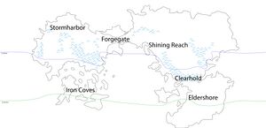 Map of the Known World of Teraell: a single wide landmass, broad in the west and east and narrowing to a neck in the middle where Forgegate sits at the meeting of two rivers. Stormharbor is in the far northwest, Shining Reach on the north shore of a large central sea, Clearhold in mountains on the southeastern coast, Eldershore far to the southeast, and the Iron Coves are an island chain in the southwestern sea. Two east-west lines cross the map: the Frostline through the middle and the Greenline across the south.